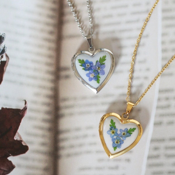 Handmade Pressed Forget Me Not Heart Necklace| Stainless Steel Floral Heart Locket