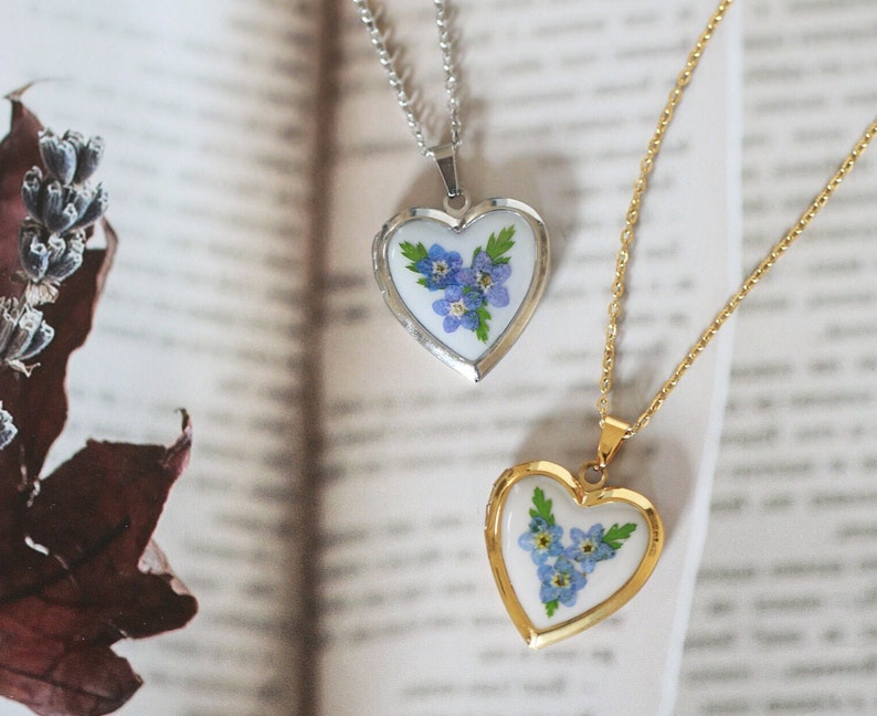 Handmade Pressed Forget Me Not Heart Necklace Stainless Steel Floral Heart Locket image 1
