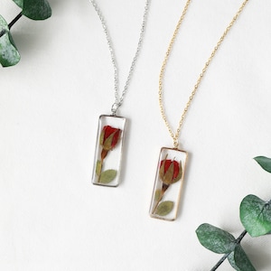 Dried Natural Red Rose Flower Rectangle Pendant Resin Necklace Gift For Women Girls Mother's Day Gift