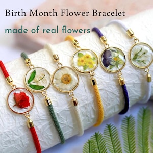 Birth Month Flower Bracelet Personalized Birthday Gift Pressed Flower Adjustable Bracelet Forgetme not Lavender Hydrangea Sunflower Bracelet