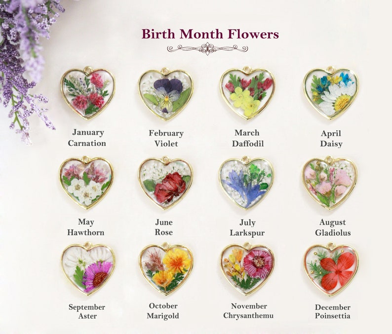 Birth Month Flower Necklace Pressed Natural Flower Heart Etsy