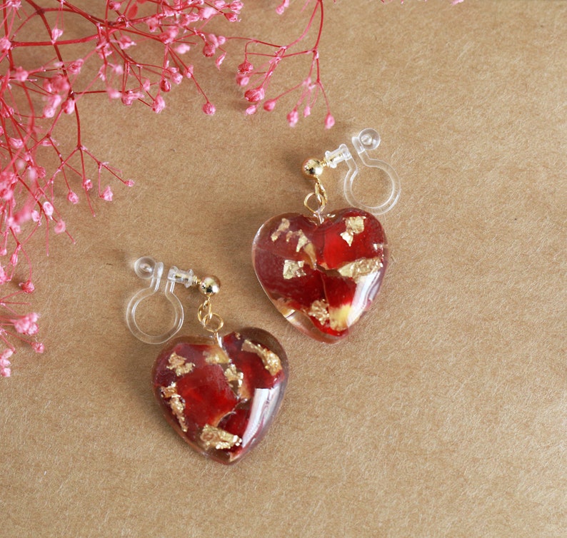 Boucles doreilles pendantes en résine de cœur de pétale de rose séchée Boucles doreilles Rose Rose Rouge, Boucles doreilles Fleur, Boucles doreilles Coeur, Clip sur Boucles dOreilles Cadeau Fête des Mères image 8