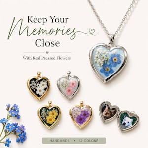 Collar con medallón de corazón de plata de ley, medallón de flor natural, regalo de flor nomeolvides, recuerdo fotográfico, regalo del Día de la Madre, regalo de graduación