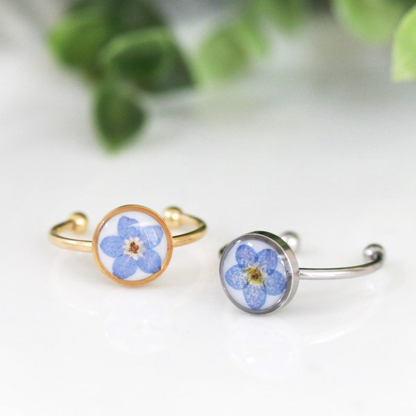 Handmade Pressed Real Forget Me Not Adjustable Ring