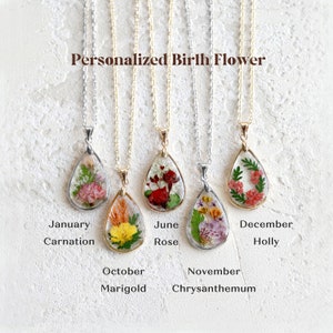 Birth Month Flower Teardrop Necklace Personalized Gift Pressed Flower Necklace Unique Birthday Gift Handmade Jewelry Mother's Day Gift image 1