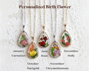 Birth Month Flower Teardrop Necklace| Personalized Pressed Dried Natural Flower Necklace| Unique Birthday Gift Handmade Jewelry Gift