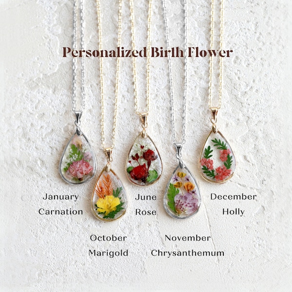 Birth Month Flower Teardrop Necklace| Personalized Gift Pressed Flower Necklace| Unique Birthday Gift Handmade Jewelry Mother's Day Gift