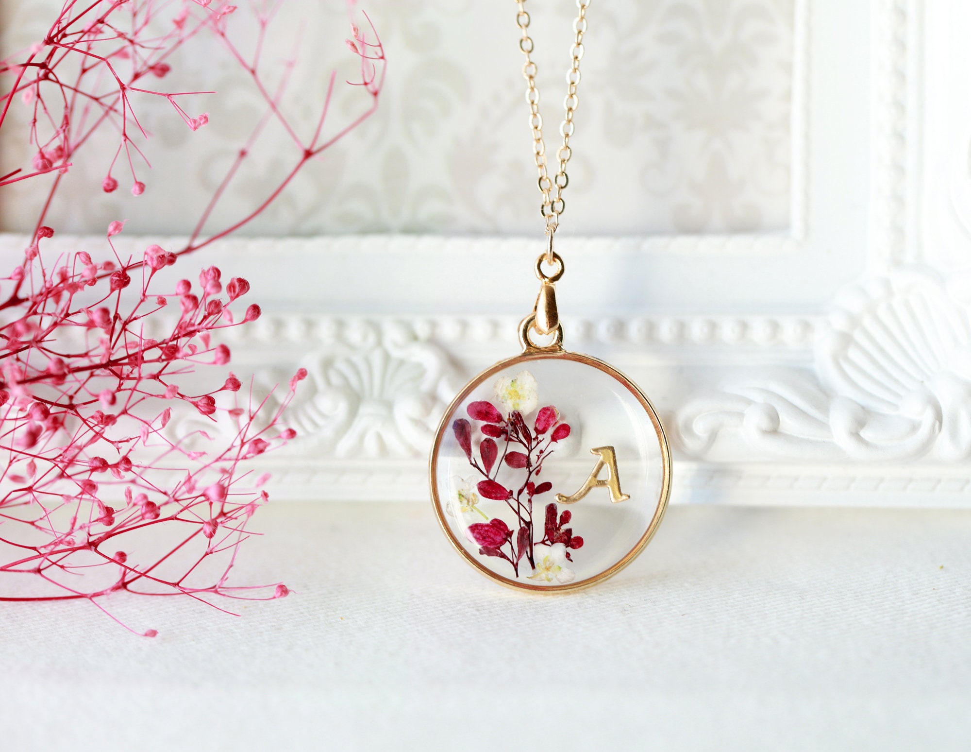 ネックレス・ペンダント real flower necklace Personalized Gift Real Flower Sterling Silver Necklace| Initial
