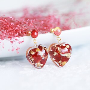 Boucles doreilles pendantes en résine de cœur de pétale de rose séchée Boucles doreilles Rose Rose Rouge, Boucles doreilles Fleur, Boucles doreilles Coeur, Clip sur Boucles dOreilles Cadeau Fête des Mères image 7