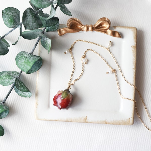 Dried Red Rose with Pearl Charm Pendant Necklace| Real Flower Necklace| Rose Necklace| Handmade Flower Jewelry| Mother's Day Gift
