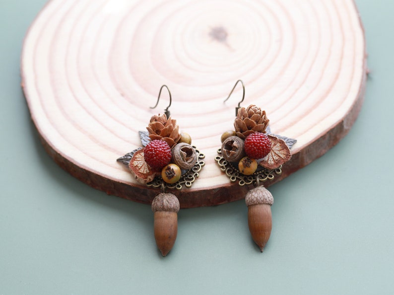 Handmade Real Acorn Pinecone Berry Mixed Seeds Dangle Earrings Natural Botanical Jewelry image 3