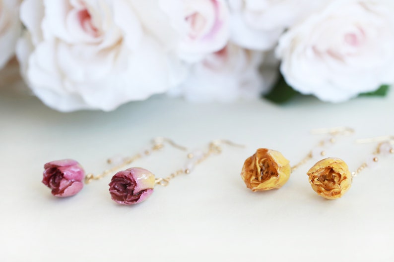 Handmade Dried Flower Rose With beads Dangle Long Earrings