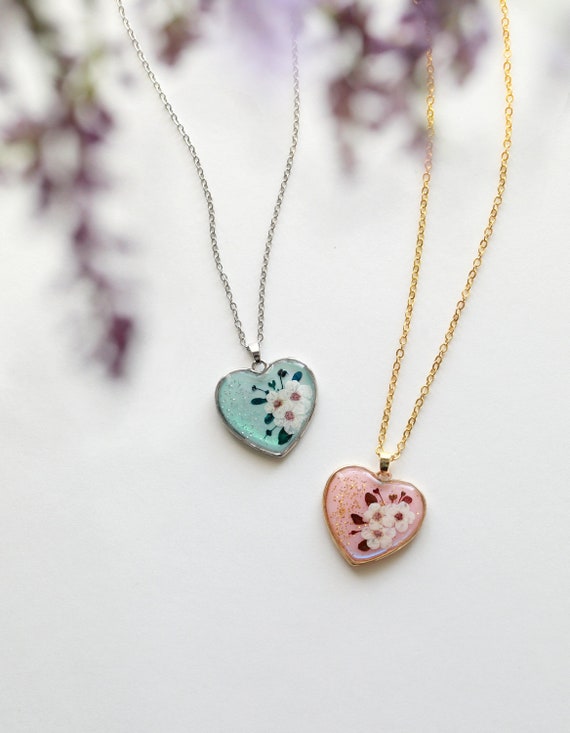 Buy Handmade Pressed Flower Pink/turquoise Heart Pendant Necklace 