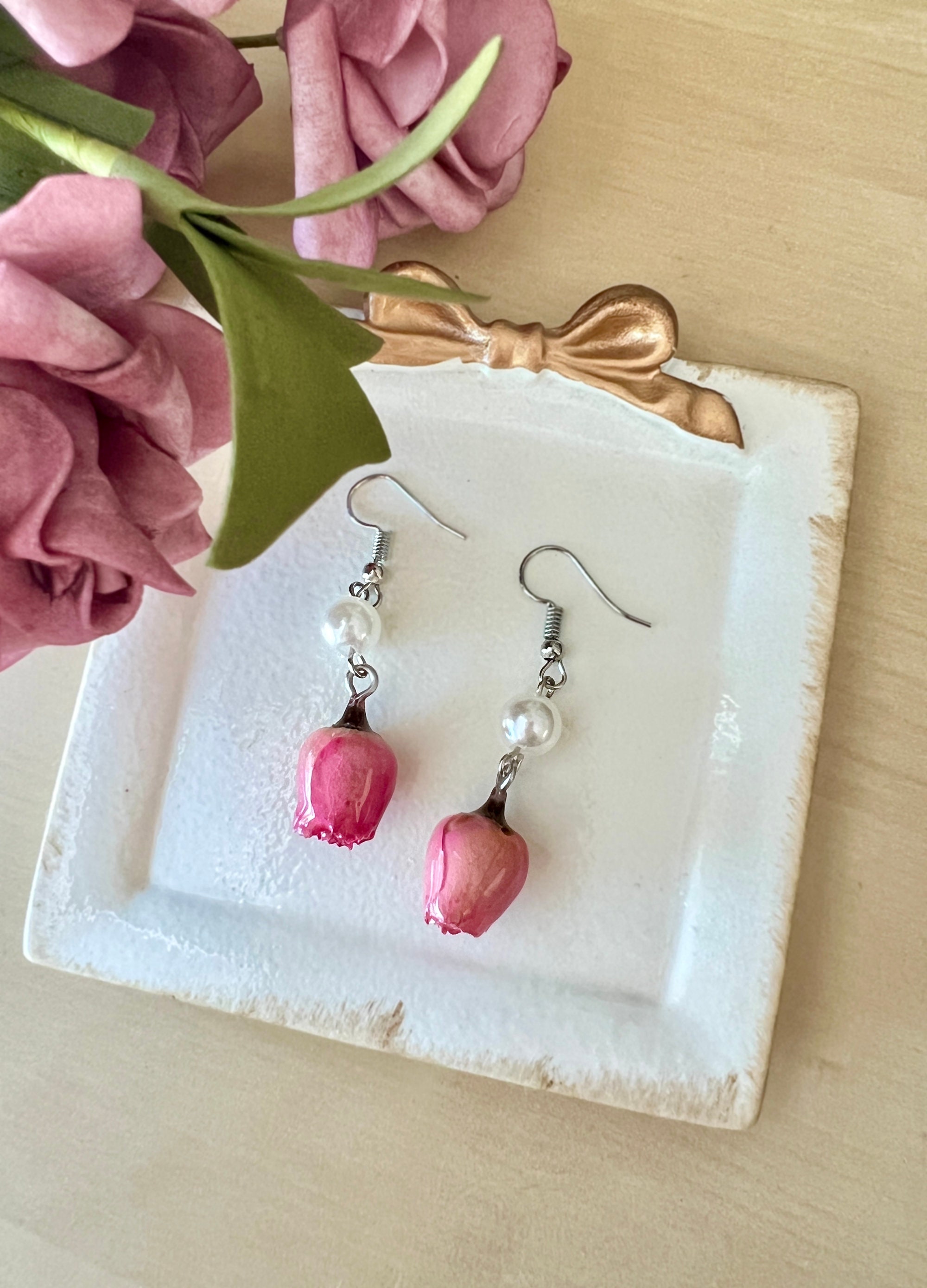 Vintage Pearl Earrings - Rose Flower Cuff Earrings With Pearl Drop Dangle