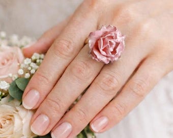 Natural Preserved Rose Ring with Sparkling CZ Bow Wedding & Special Occasion, Pink Rose Wedding Ring, Flower Statement Ring