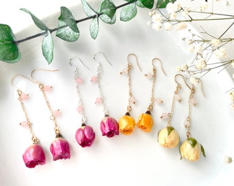 Dried Rose with Beads Dangle Earrings| Pink Purple Yellow White Rose Dangle Earrings Valentine's Day Gift Wedding Bridal Bridesmaid Jewelry