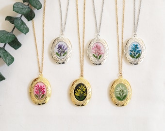 Handgemachte gepresste Blume kleine ovale Medaillon Halskette | Gold Silber Ton Blumen Foto Locket Anhänger Halskette