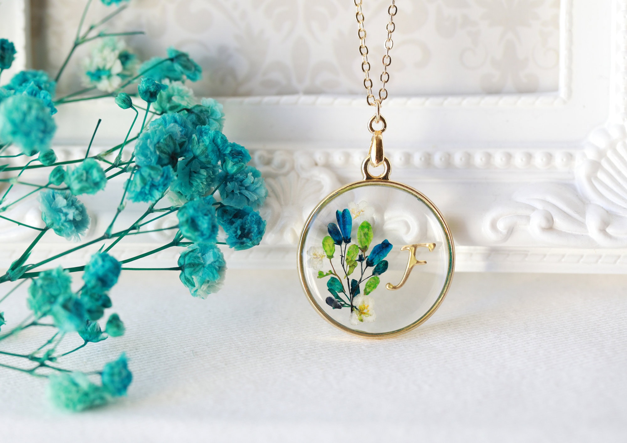 ネックレス・ペンダント real flower necklace Personalized Gift Real Flower Sterling Silver Necklace| Initial