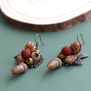 Handmade Real Acorn Pinecone Berry Mixed Seeds Dangle Earrings Natural Botanical Jewelry image 2