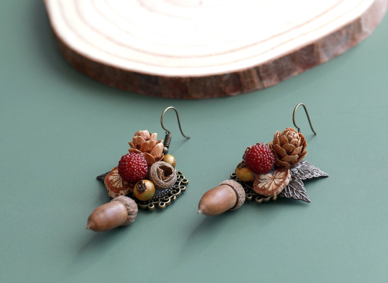 Handmade Real Acorn Pinecone Berry Mixed Seeds Dangle Earrings Natural Botanical Jewelry image 2