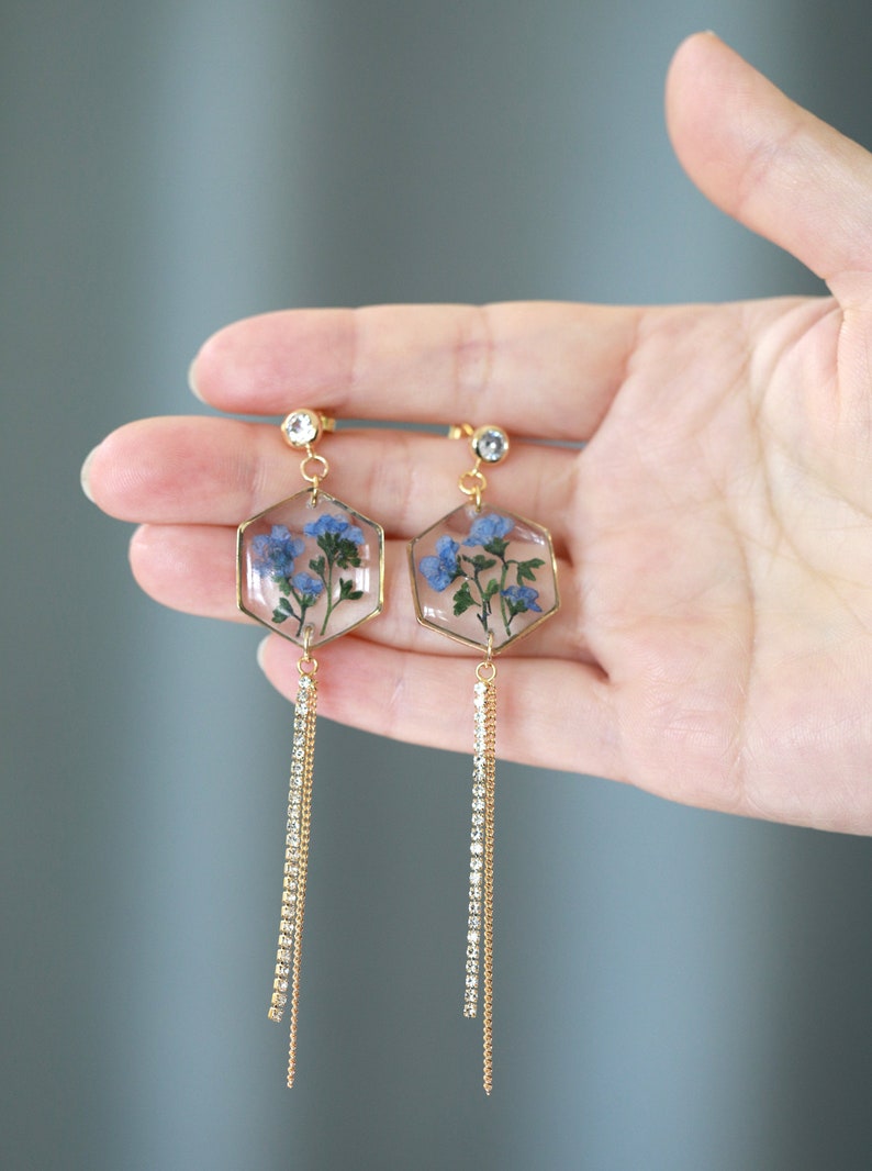 Handmade Pressed Forget Me Not Hexagon Dangle Tassel Earrings Necklace Real Forget Me Not Jewelry Set Flower Resin long Earrings Necklace image 4