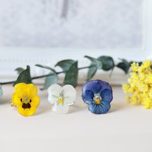 925 Sterling Silver Real Pansy Ring| Natural Pansy Viola Adjustable Ring| Real Flower Statement Ring | Resin Flower Ring