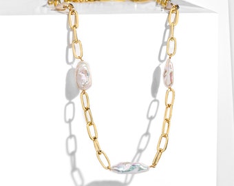 Gold Plated Paperclip Link Chain with Fresh Water Pearl Statement Necklace For Women