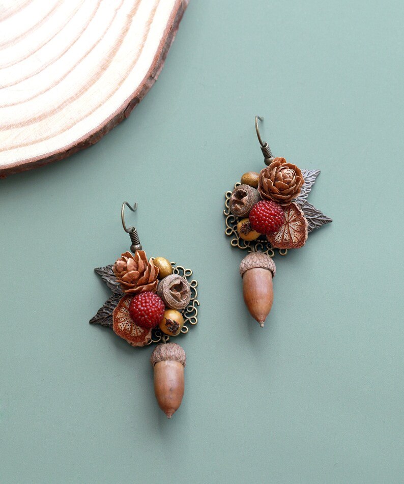 Handmade Real Acorn Pinecone Berry Mixed Seeds Dangle Earrings Natural Botanical Jewelry image 1