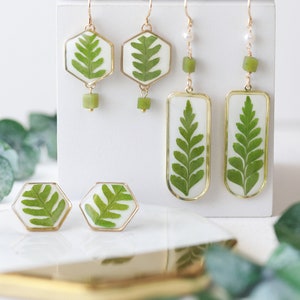 Pressed Green Leaf Fern Resin Earrings| Natural Leaf Fern Earrings| Spring Jewelry |Women Girls Dangle Stud Earrings