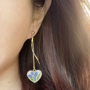 Heart Flower Dangle Earrings Natural Flower Resin Earrings Pressed Flower Earrings Rose Heart Earrings image 7