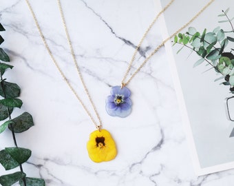 Pressed Purple Yellow Pansy Viola Pendant Necklace| Resin Real Natural Flower Necklace Mother's Day Gift