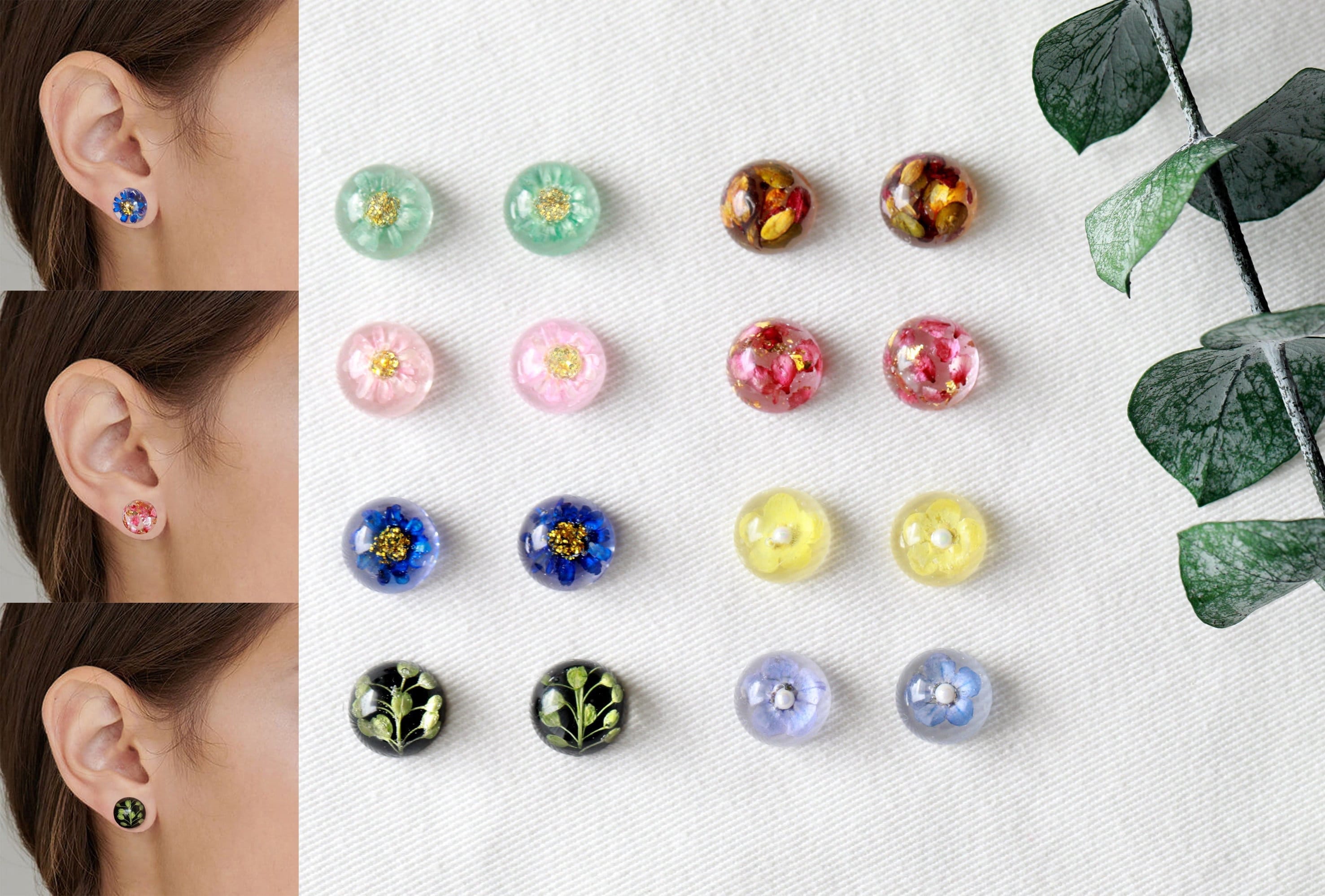 Dried Flower Resin Stud Earrings Real Pink Blue Yellow Flowers