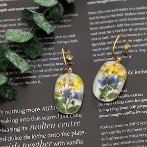 Handmade Forget Me Not Dangle Earrings| Real Flower Hoop Earrings| Pressed Flower Resin Earrings| Rectangle Dangle Earrings