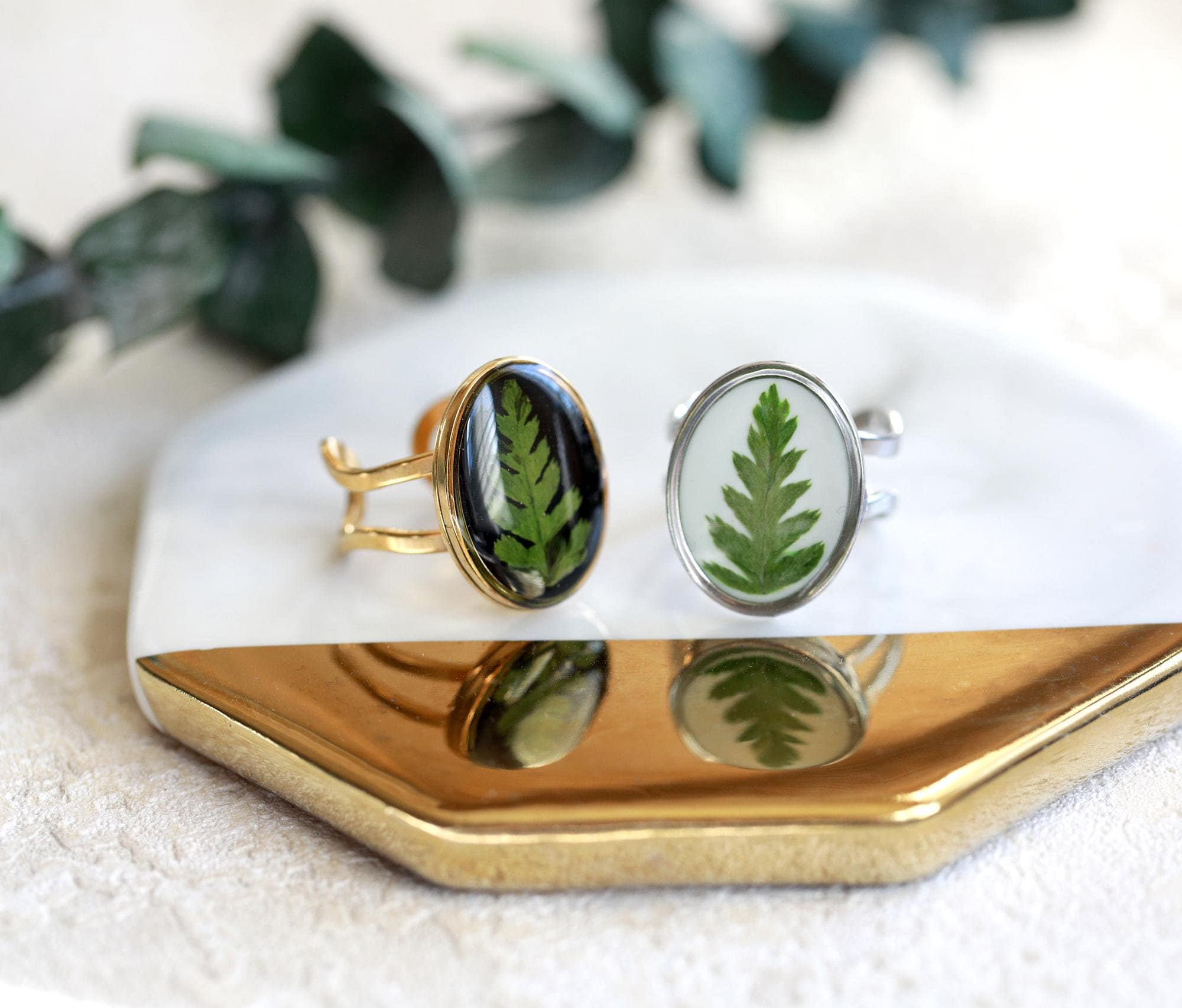 Handmade Fern Ring Green Leaf Oval Stainless Steel Adjustable Ring Botanical Jewelry
