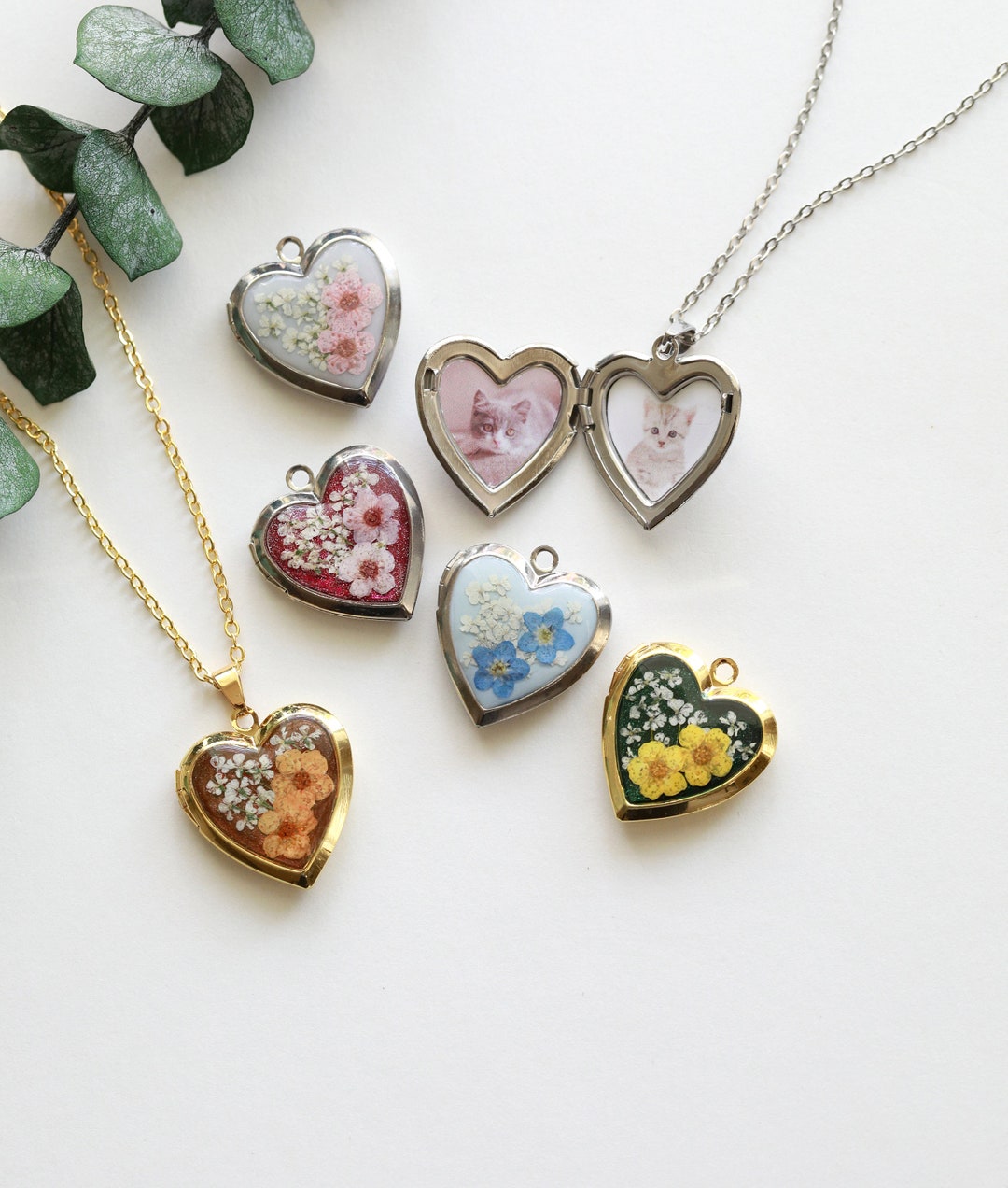 Handmade Pressed Flower Me Not Heart Necklace Floral Heart Photo