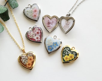 Collana a cuore con fiori pressati fatti a mano Non ti scordar di me / Medaglione a cuore floreale in acciaio inossidabile con foto / Regalo personalizzato / Regalo per la festa della mamma