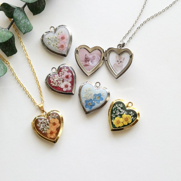 Handmade Pressed Flower Forget Me Not Heart Necklace| Stainless Steel Floral Heart Locket