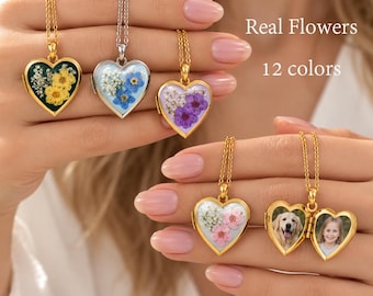 Custom Locket, Personalized Locket, Real Forget Me Not Flower Heart Locket Necklace, Photo Locket, Memorial Gift, Birthday Gift