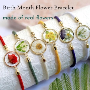 Birth Month Flower Bracelet Personalized Birthday Gift Pressed Flower Adjustable Bracelet Forgetme not Lavender Hydrangea Sunflower Bracelet