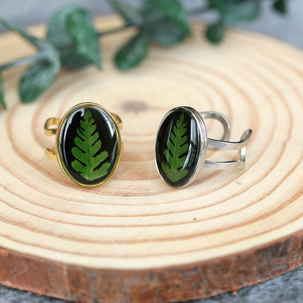 Handmade Fern Ring Green Leaf Oval Stainless Steel Adjustable Ring| Botanical Jewelry