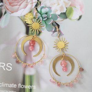 Handmade Sun Moon Strawberry Raw Crystal Gold Tone Hoop Dangle Earrings image 2