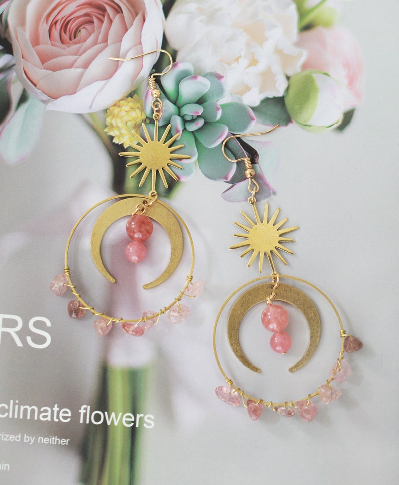 Handmade Sun Moon Strawberry Raw Crystal Gold Tone Hoop Dangle Earrings image 2