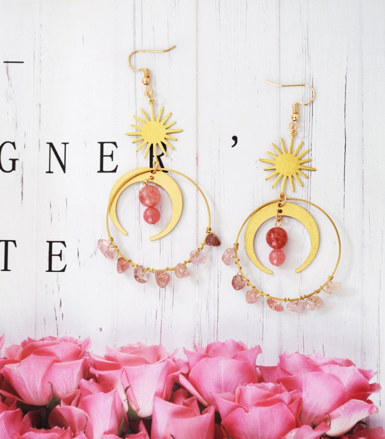 Handmade Sun Moon Strawberry Raw Crystal Gold Tone Hoop Dangle Earrings image 1