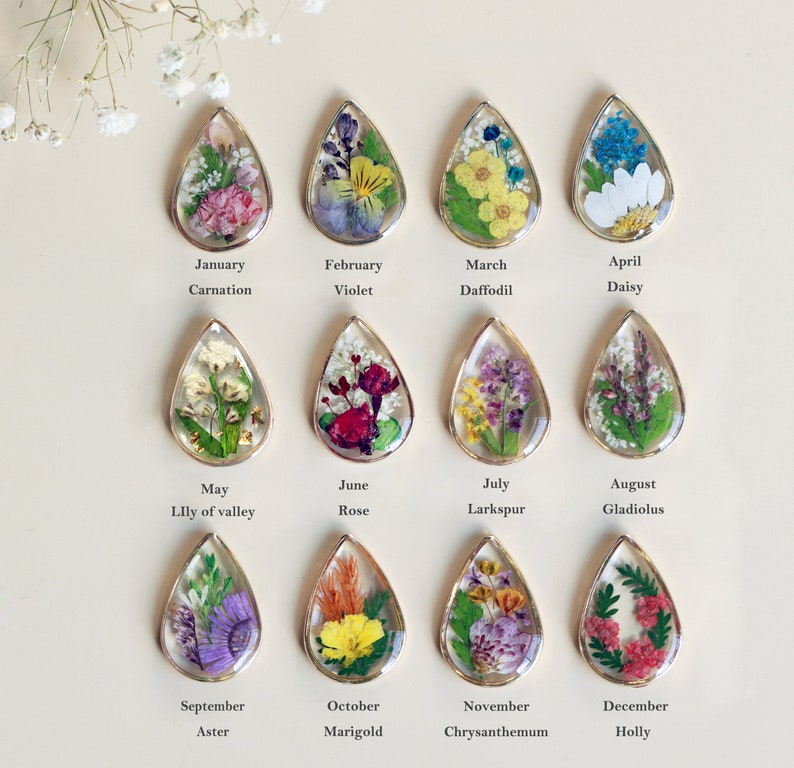 Birth Month Flower Teardrop Necklace Personalized Gift Pressed Flower Necklace Unique Birthday Gift Handmade Jewelry Mother's Day Gift image 3