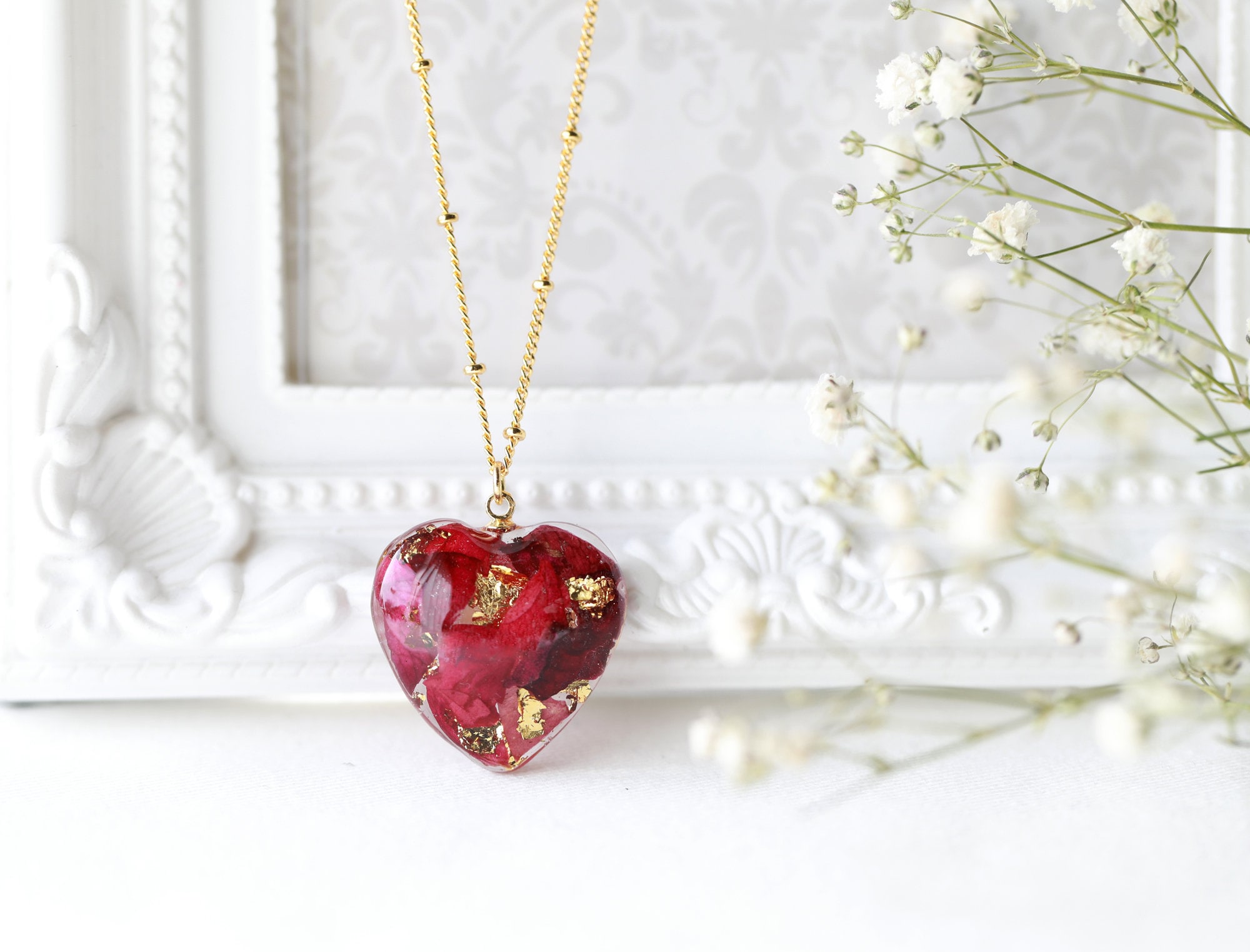 Pressed Red Rose Petal Heart Pendant Necklace Heart Jewelry Gift