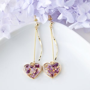 Heart Flower Dangle Earrings Natural Flower Resin Earrings Pressed Flower Earrings Rose Heart Earrings image 4