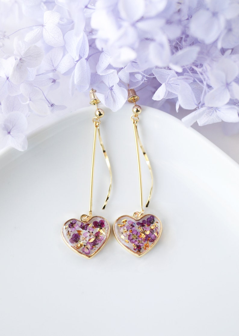 Heart Flower Dangle Earrings Natural Flower Resin Earrings Pressed Flower Earrings Rose Heart Earrings image 4