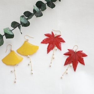 Handmade Real Yellow Ginkgo Maple Leaf Tassel Dangle Earrings| Fall Autumn Earrings Botanical Jewelry