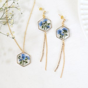 Handmade Pressed Forget Me Not Hexagon Dangle Tassel Earrings Necklace Real Forget Me Not Jewelry Set Flower Resin long Earrings Necklace image 1