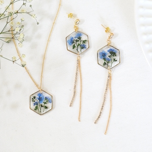 Handmade Pressed Forget Me Not Hexagon Dangle Tassel Earrings Necklace| Real Forget Me Not Jewelry Set| Flower Resin long Earrings Necklace